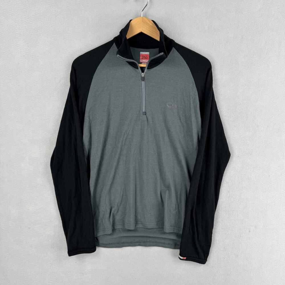 Icebreaker Pullover Mens Large Gray Bodyfit 260 Merino Wool 1/4 Zip Base Layer